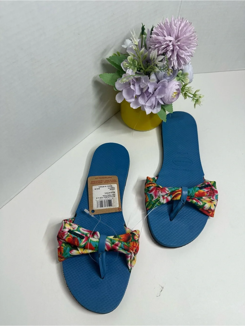 Havaianas Blue Floral Bow Toe-Post Slide Sandals for Women